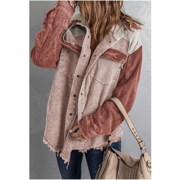 Cozy Color Block Oversized Corduroy Hoodie Jacket Shacket - Picture 8 of 9